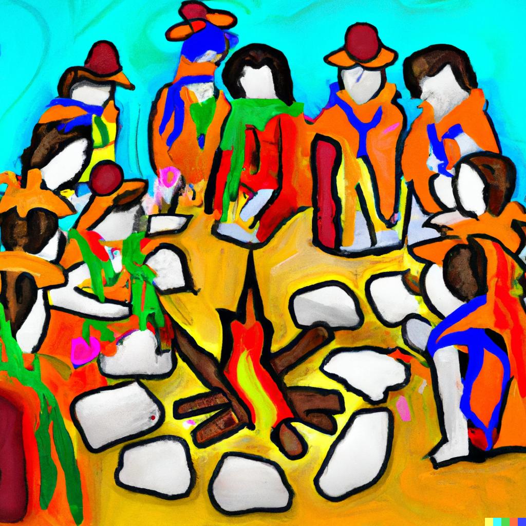 DALL·E 2022-12-06 08.37.11 – eight scoutsleaders around a warm campfire in winter in the style of picasso